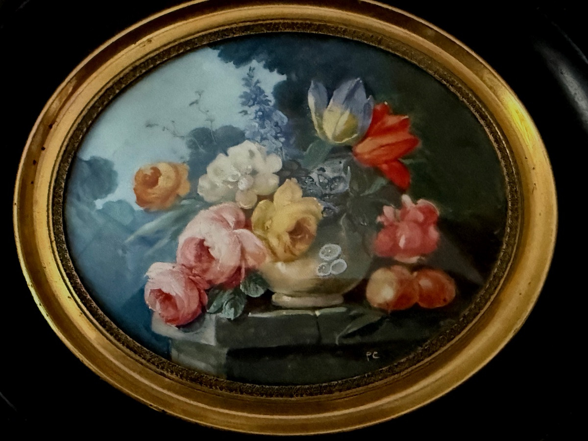 Still Life With Fruit And Bouquet Of Flowers Painting On Ivory Napoleon III 19th Century-photo-4