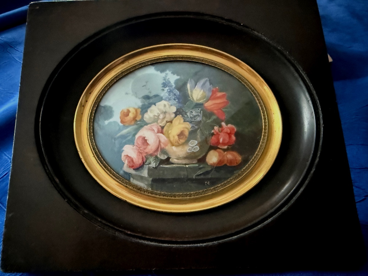 Still Life With Fruit And Bouquet Of Flowers Painting On Ivory Napoleon III 19th Century