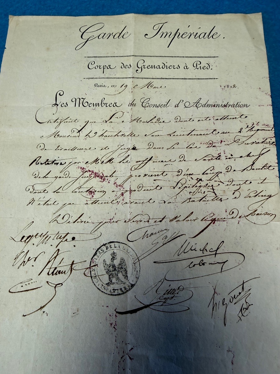 CERTIFICAT DE BLESSURE  DU CORPS DES GRENADIERS A PIED  DE LA GARDE IMPÉRIALE  1ER EMPIRE 1812 