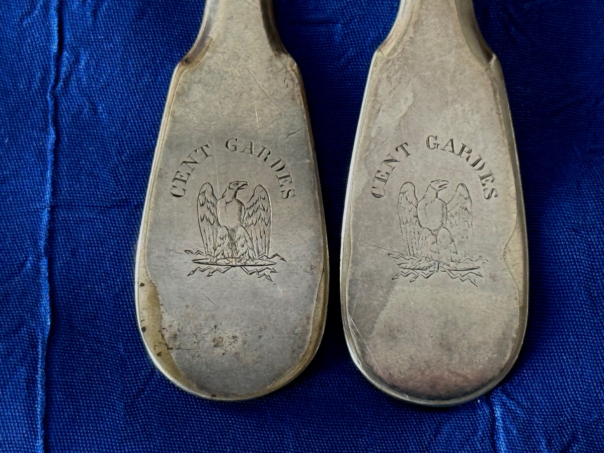COUVERTS EN MÉTAL ARGENTÉ  POUR LE MESS DE L'ESCADRON DES CENT GARDES   NAPOLÉON III 19 ÈME -photo-4