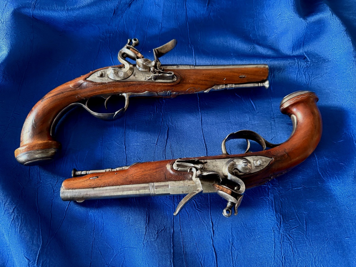 PAIRE  DE  PISTOLETS  D'OFFICIER  A  SILEX  "TRAVAIL FRANÇAIS " CONSULAT  EMPIRE  