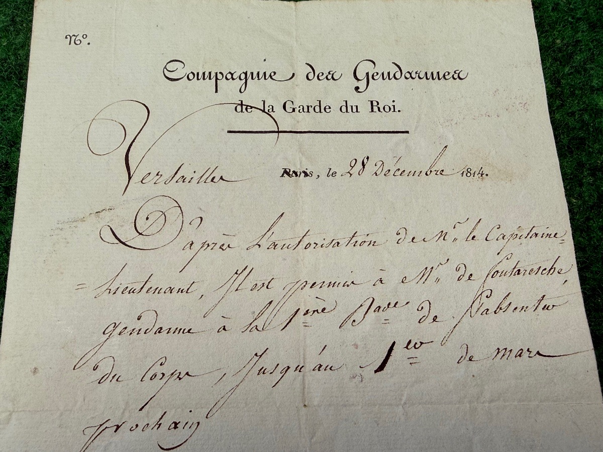 "PERMISSION " POUR UN GENDARME DE LA COMPAGNIE DES GENDARMES DE LA GARDE DU ROI  1814 -photo-2