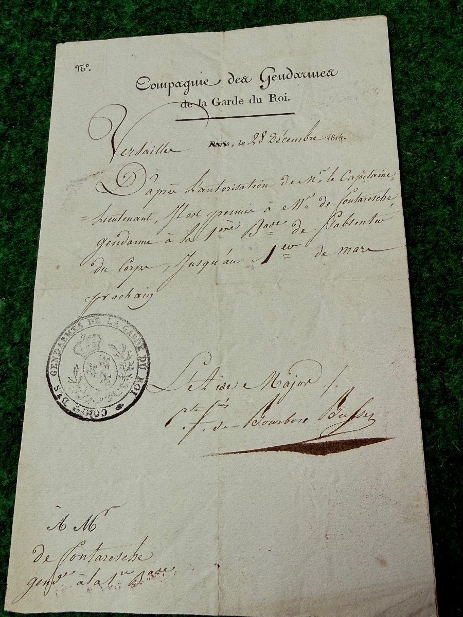 "PERMISSION " POUR UN GENDARME DE LA COMPAGNIE DES GENDARMES DE LA GARDE DU ROI  1814 
