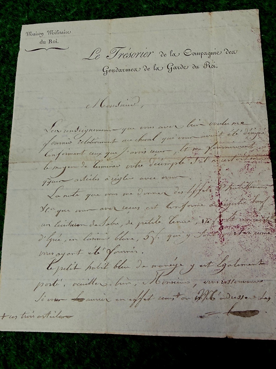 " RENSEIGNEMENTS   REQUIS " TRÉSORIER  DE LA COMPAGNIE  DES GENDARMES DE LA GARDE DU ROI  1816 