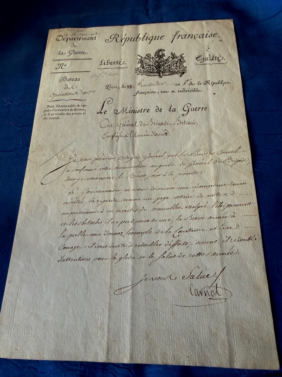 Letter Of Appointment For Brigadier General Bertrand, Signed By Carnot, Minister, In 1800-photo-2
