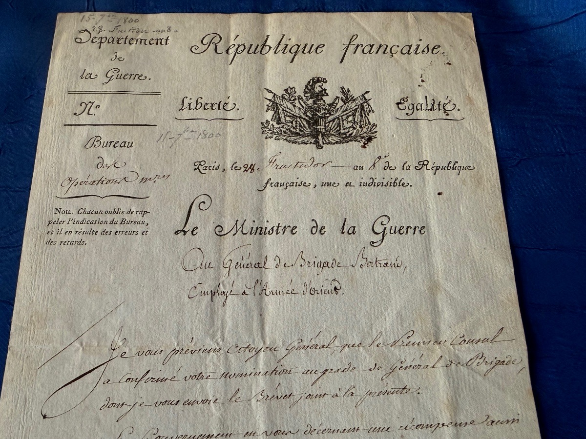 Letter Of Appointment For Brigadier General Bertrand, Signed By Carnot, Minister, In 1800-photo-3