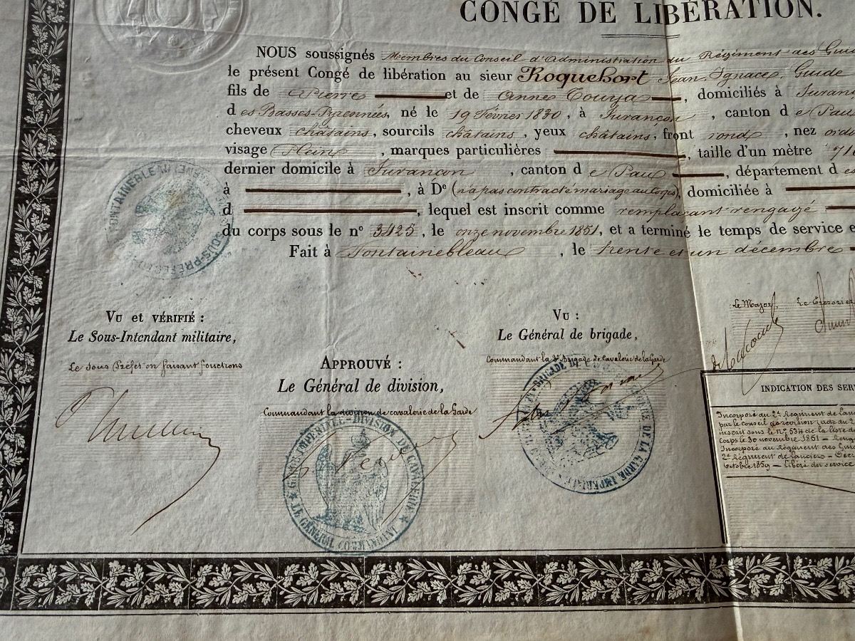 RÉGIMENT  DES  GUIDES DE LA GARDE  IMPÉRIALES " CONGÉ DE LIBÉRATION  "NAPOLÉON III 1864 19 ÈME -photo-2