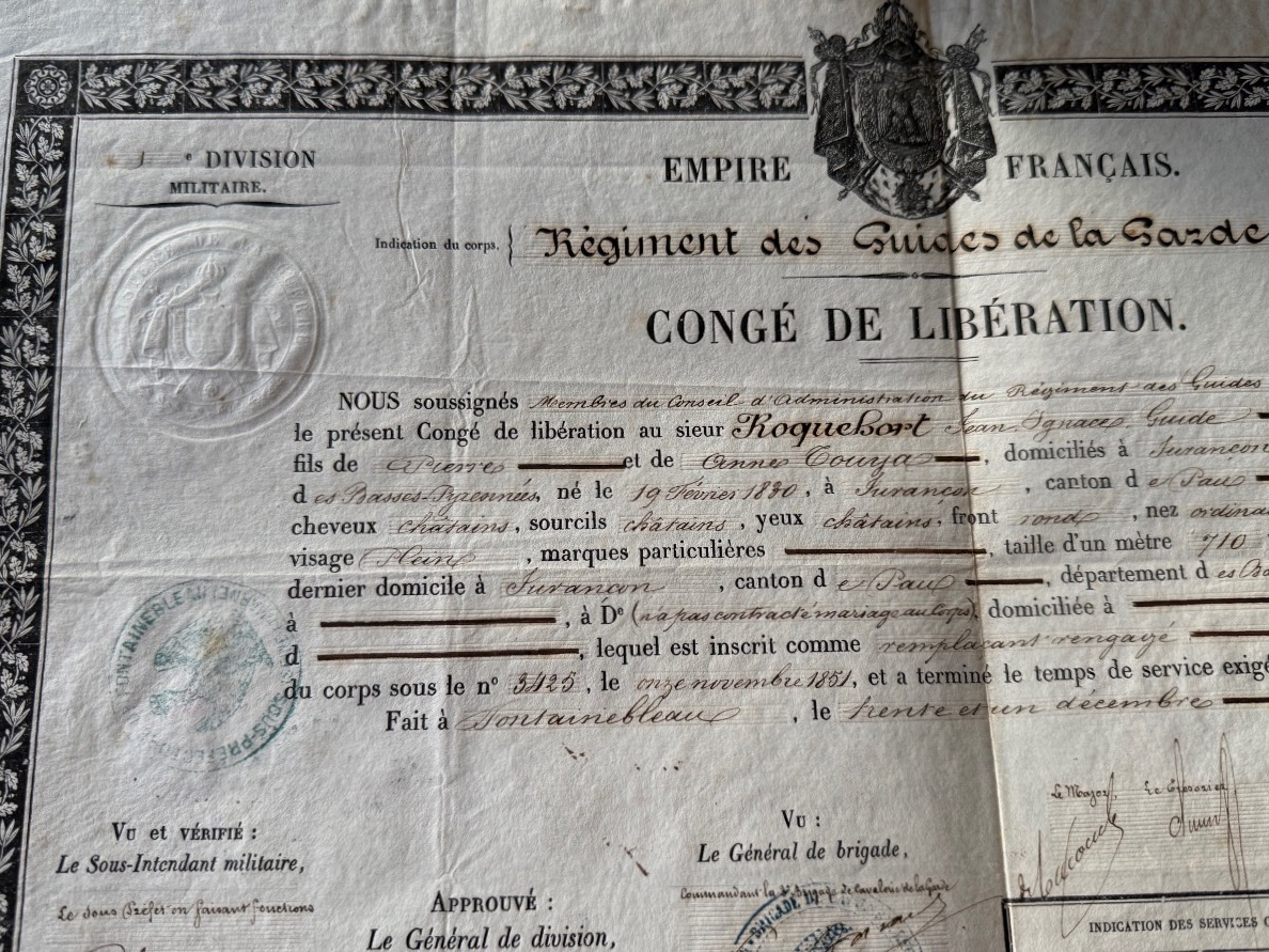 RÉGIMENT  DES  GUIDES DE LA GARDE  IMPÉRIALES " CONGÉ DE LIBÉRATION  "NAPOLÉON III 1864 19 ÈME -photo-3
