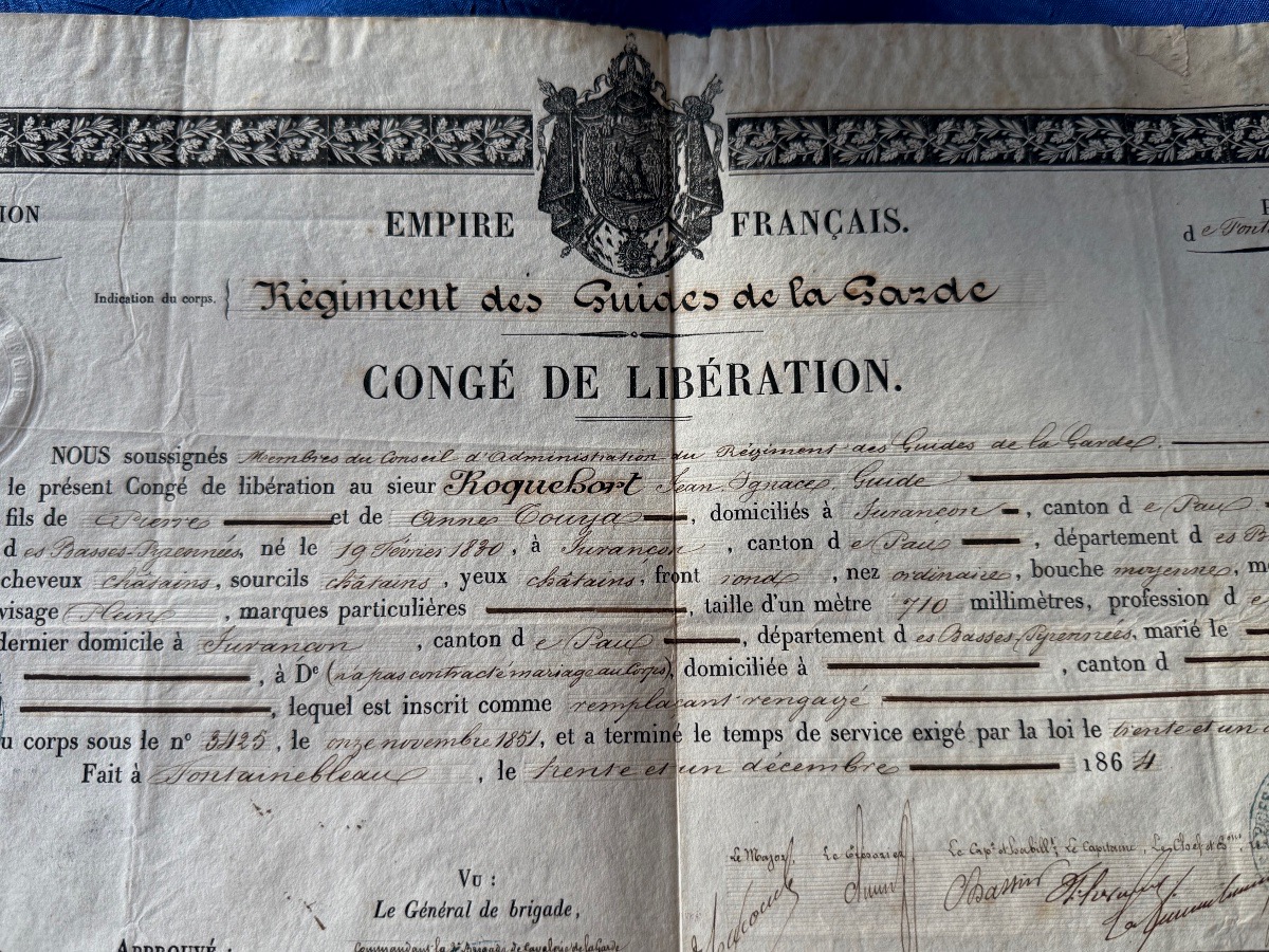 RÉGIMENT  DES  GUIDES DE LA GARDE  IMPÉRIALES " CONGÉ DE LIBÉRATION  "NAPOLÉON III 1864 19 ÈME -photo-4