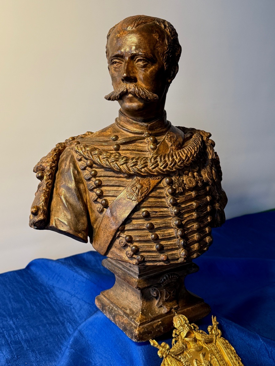 Patinated Plaster Busto Of Colonel Fleury, Commander Of The Imperial Guard Guides, 1852-photo-2