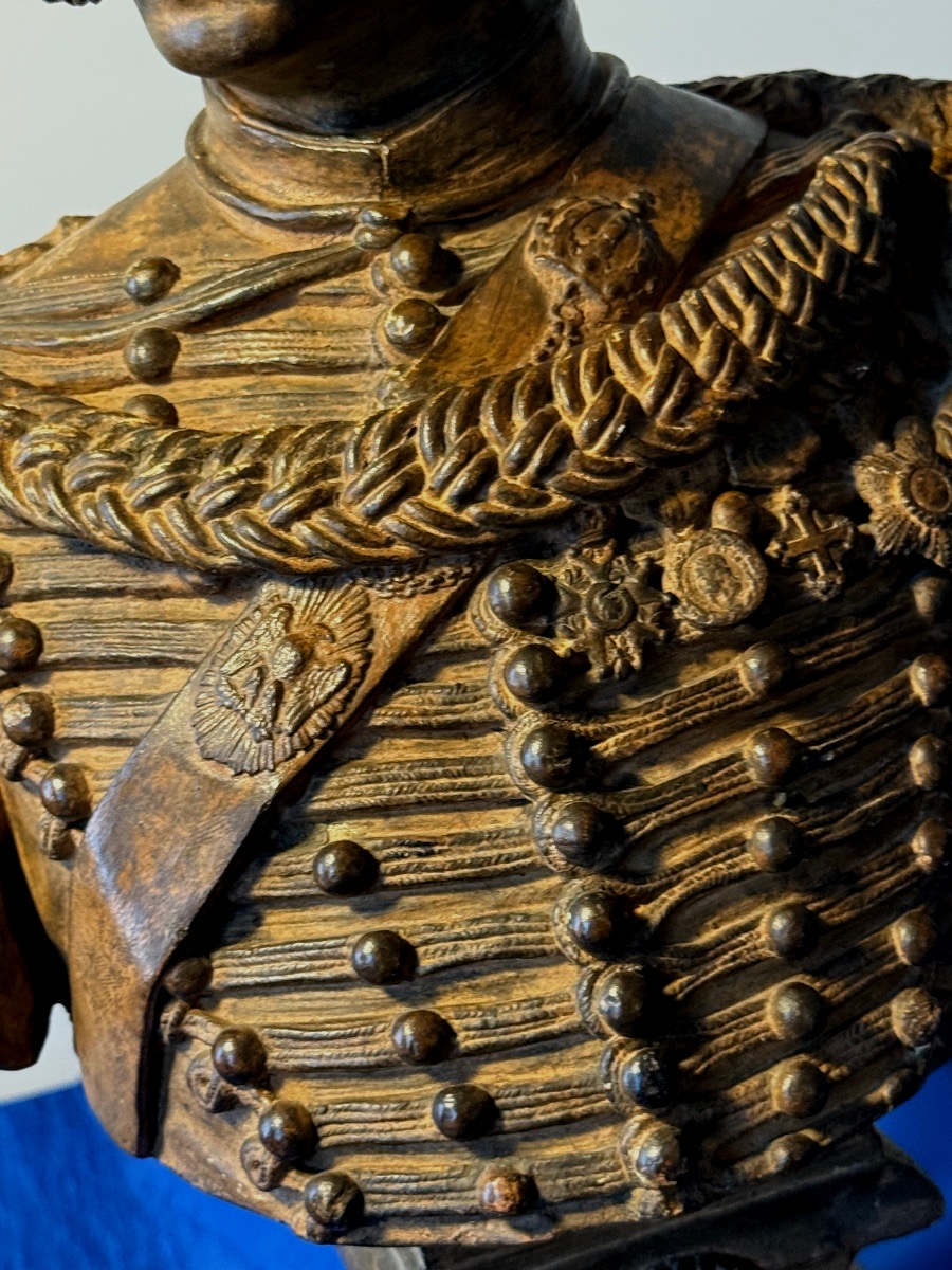 Patinated Plaster Busto Of Colonel Fleury, Commander Of The Imperial Guard Guides, 1852-photo-4