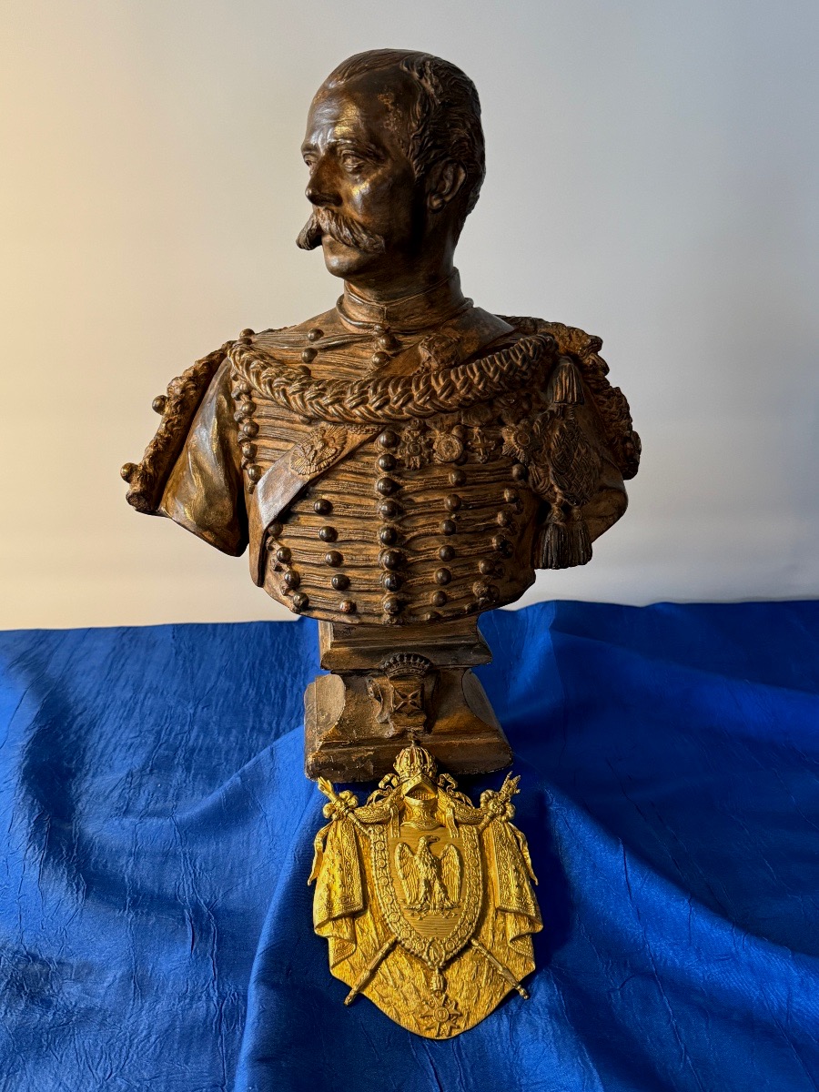Patinated Plaster Busto Of Colonel Fleury, Commander Of The Imperial Guard Guides, 1852