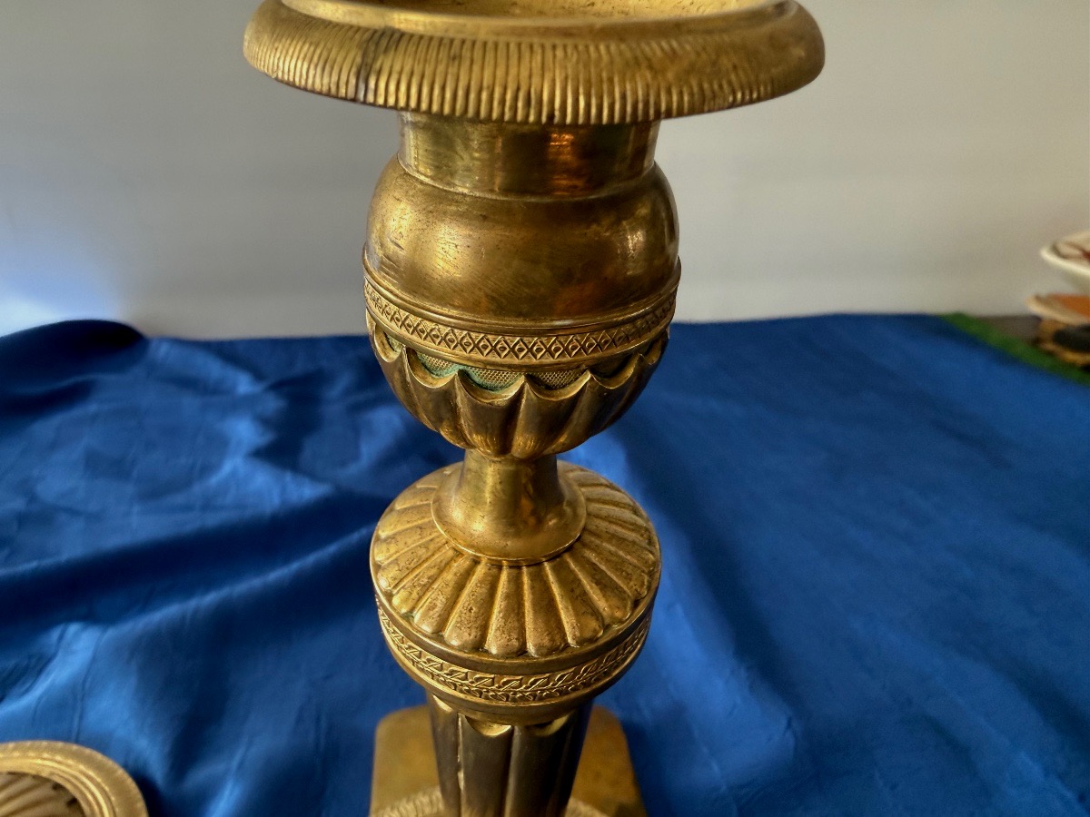 Pair Of Gilded Bronze Candlesticks, Vintage, First Empire, 18th Century -photo-3