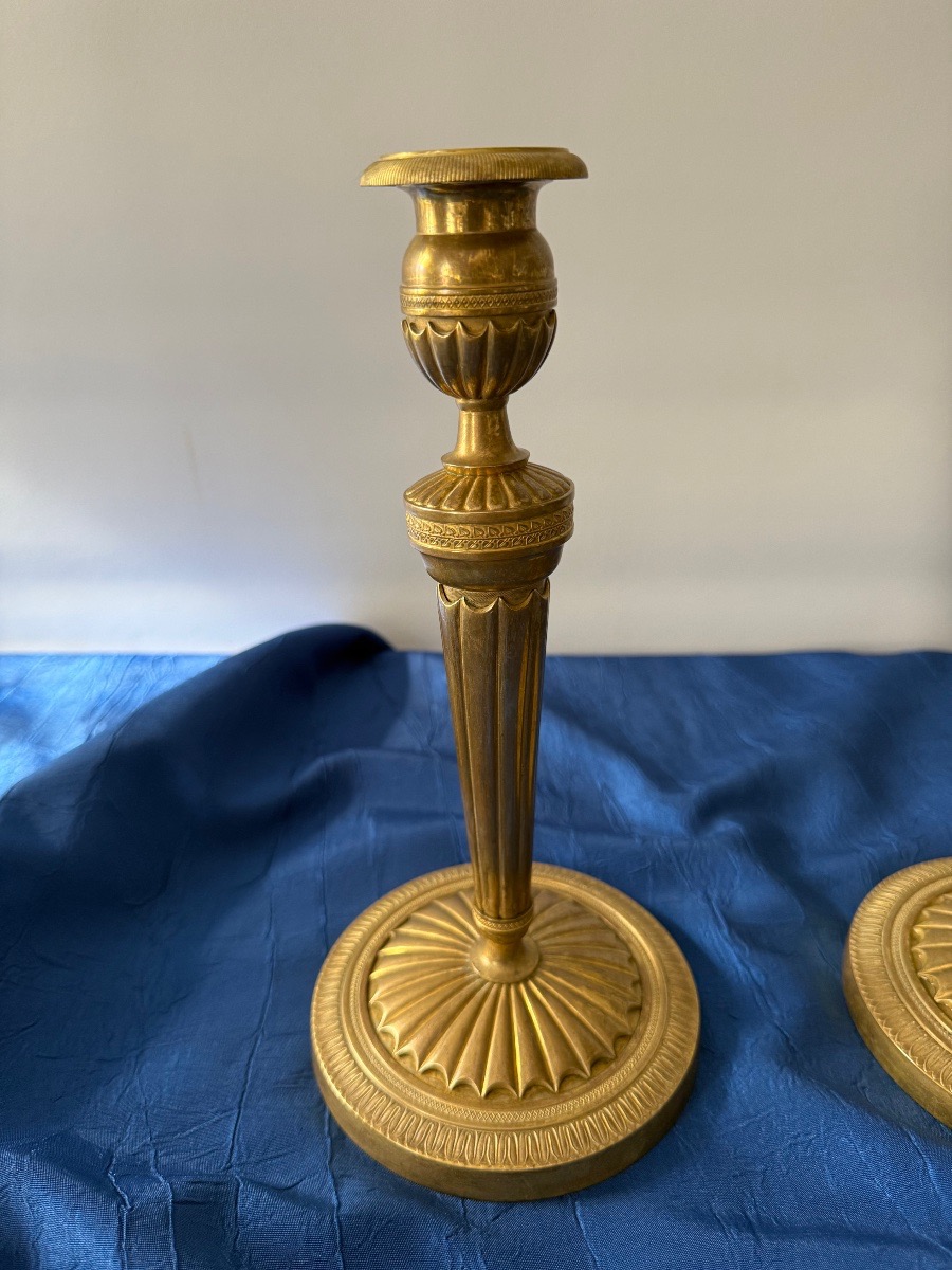 Pair Of Gilded Bronze Candlesticks, Vintage, First Empire, 18th Century -photo-4