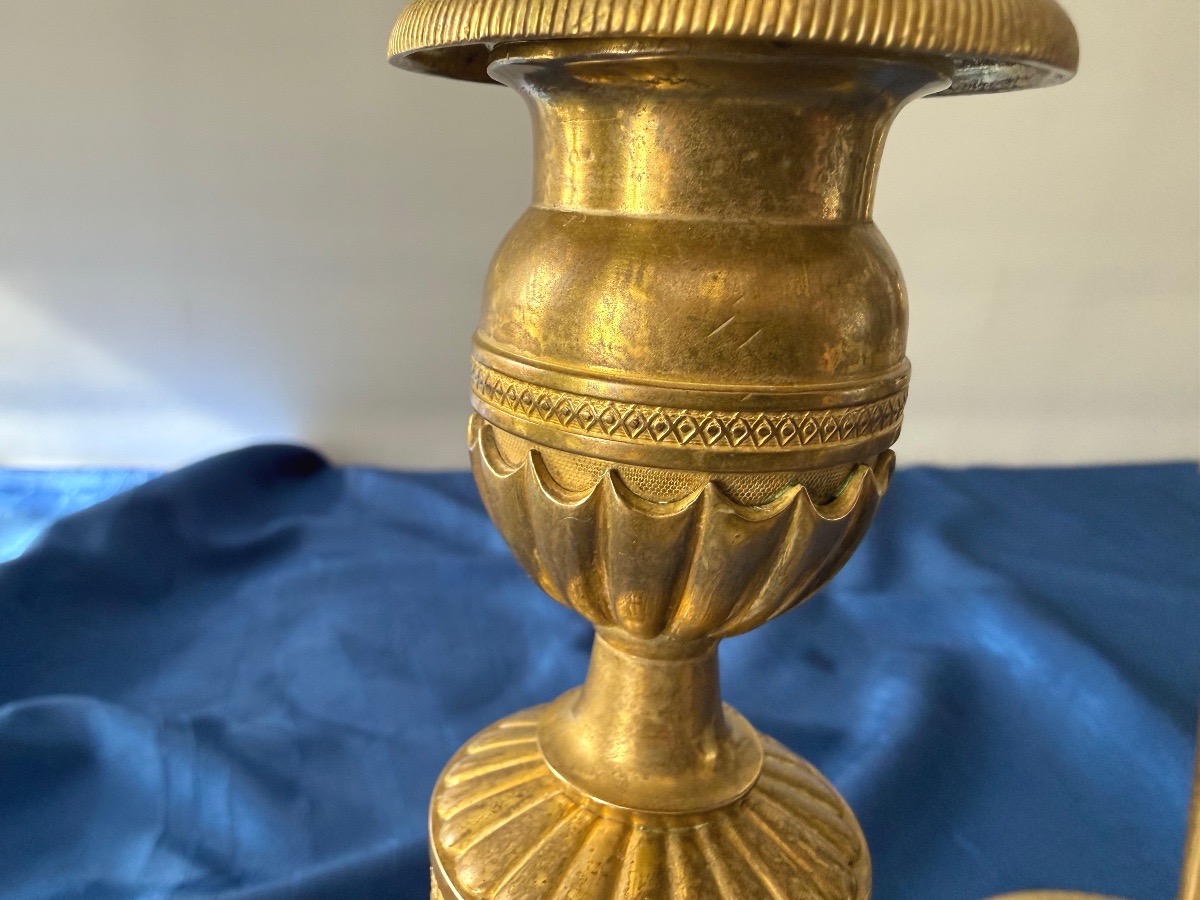 Pair Of Gilded Bronze Candlesticks, Vintage, First Empire, 18th Century -photo-3