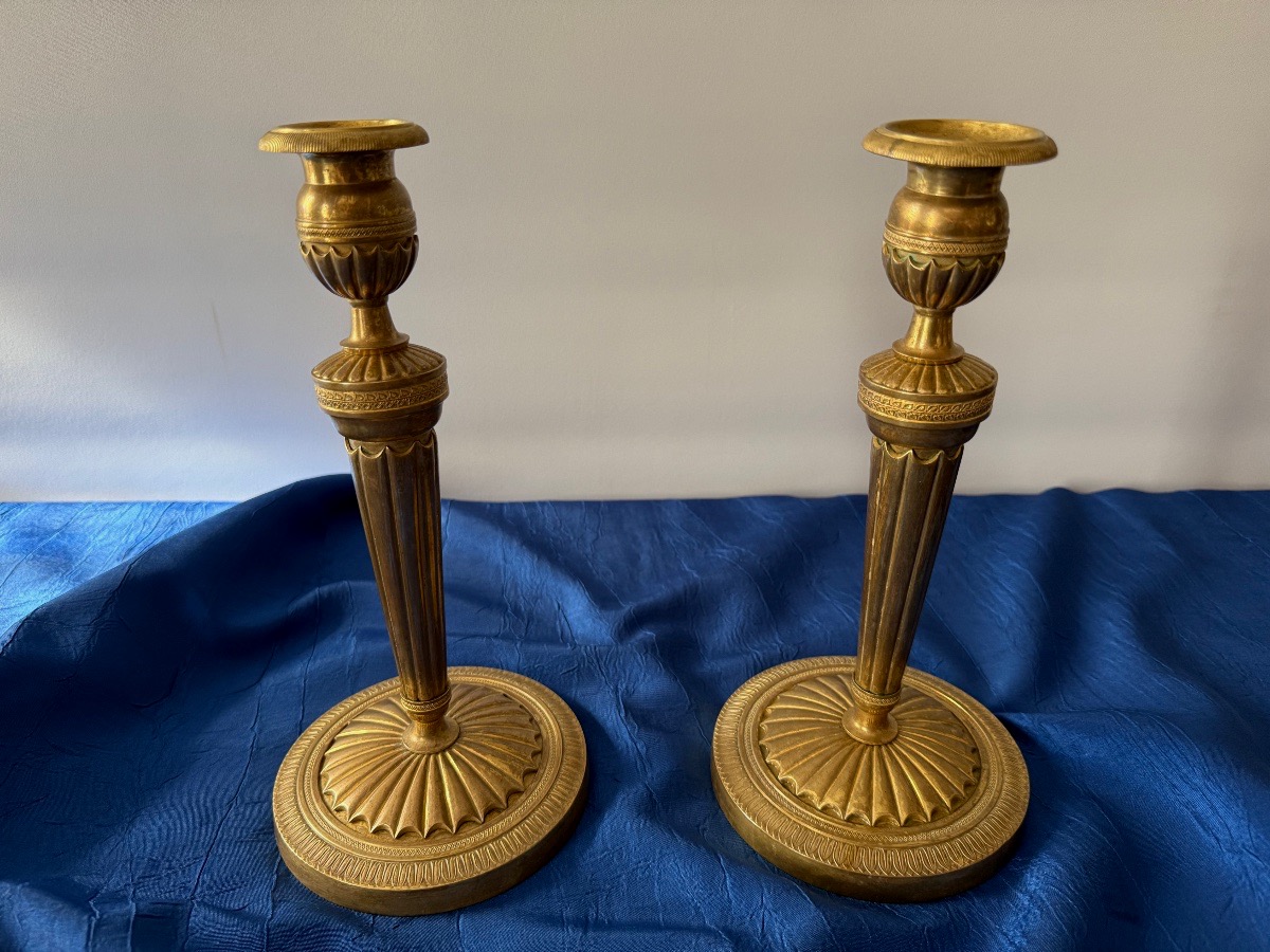 Pair Of Gilded Bronze Candlesticks, Vintage, First Empire, 18th Century 
