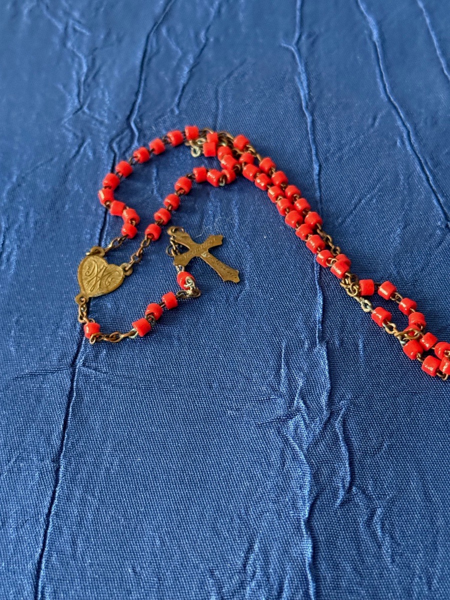 NOIX DE COROZO  ET SON CHAPELET  EN CORAIL ROUGE  D'ÉPOQUE 19 ÈME -photo-5