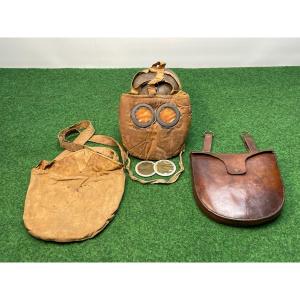 Rare Masque De Protection M 2  Pochette Toile +étui Cuir  d'Officier d'Artillerie   1914/18 Ww1