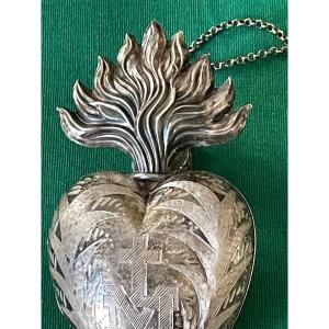 Coeur De Marie  " Ex Voto  " Argent  Massif  Croix  " Sacré  Coeur  " Avec Sa Chaine   XIX ème 