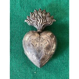  Little Heart Of Mary "ex Voto" Cross "sacred Heart" 19th Century In Sterling Silver 
