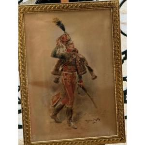 Original Watercolor By Maurice Orange, "hussar Of The 7th Hussar Regiment," 1905  