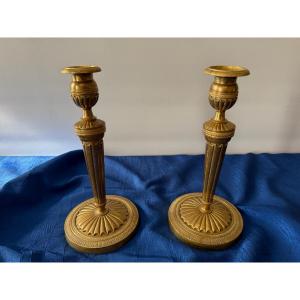 Pair Of Gilded Bronze Candlesticks, Vintage, First Empire, 18th Century