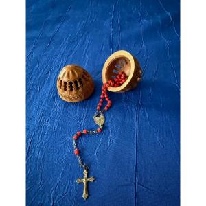 Corozo Nut And Its 19th-century Vintage Red Coral Rosary