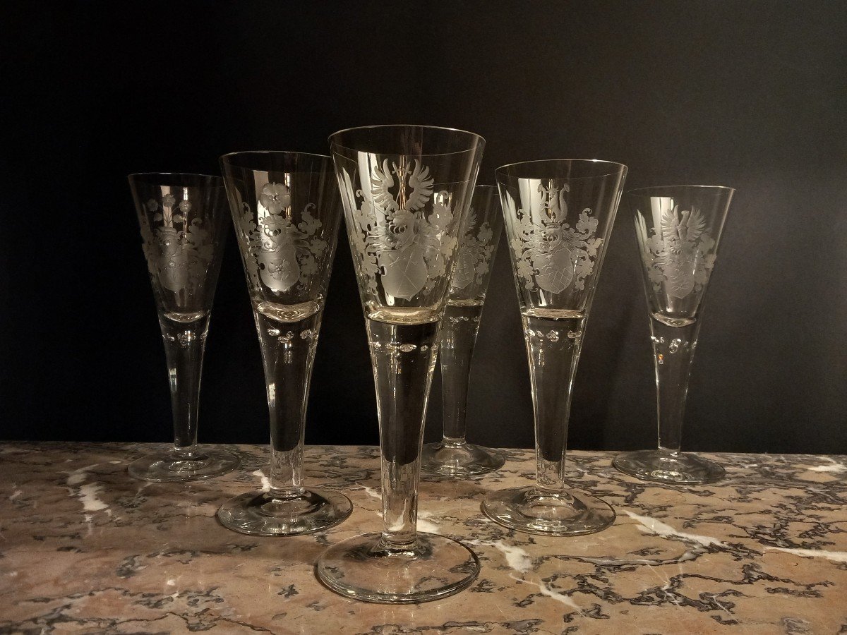 Bohemian, Six Large Crystal Glasses Or Pokals Engraved With Coat Of Arms