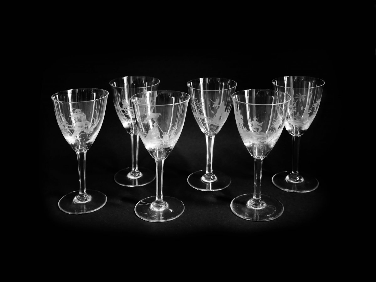 Delvaux  Paris - Rare Suite Of Six Crystal Goblet Engraved With Chinoiserie Decor-photo-2