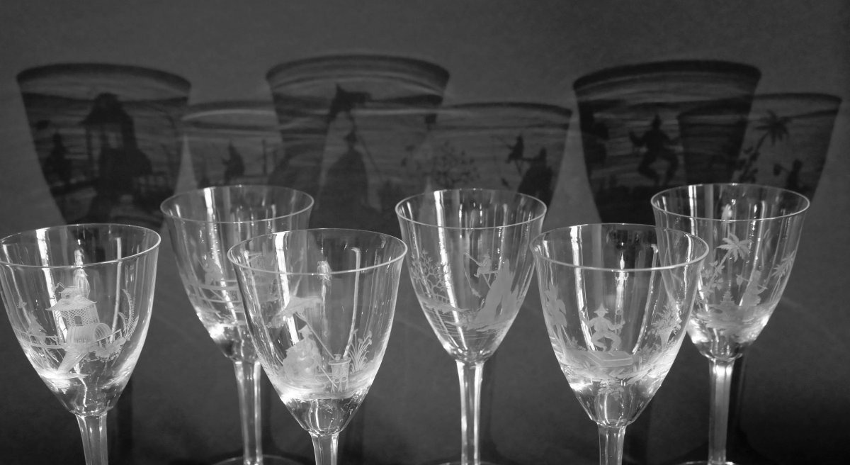 Delvaux  Paris - Rare Suite Of Six Crystal Goblet Engraved With Chinoiserie Decor-photo-3