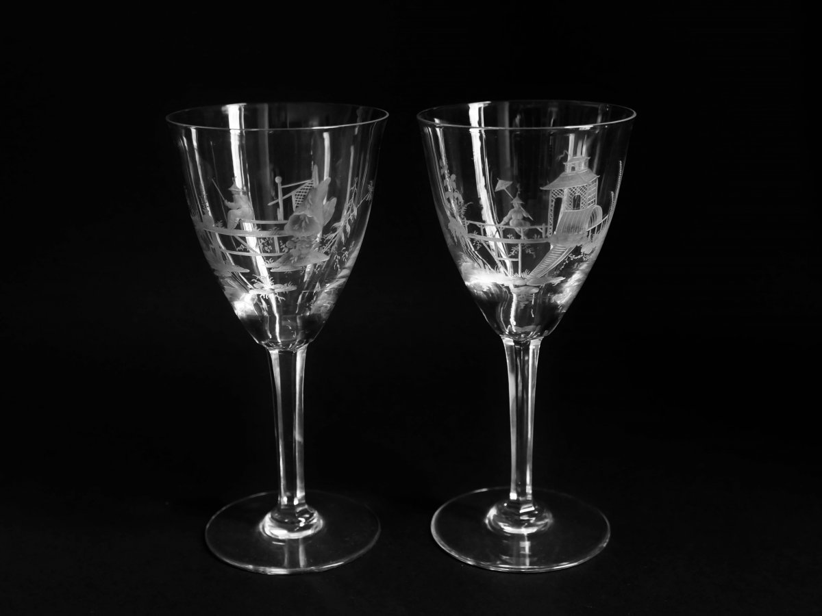 Delvaux  Paris - Rare Suite Of Six Crystal Goblet Engraved With Chinoiserie Decor-photo-4