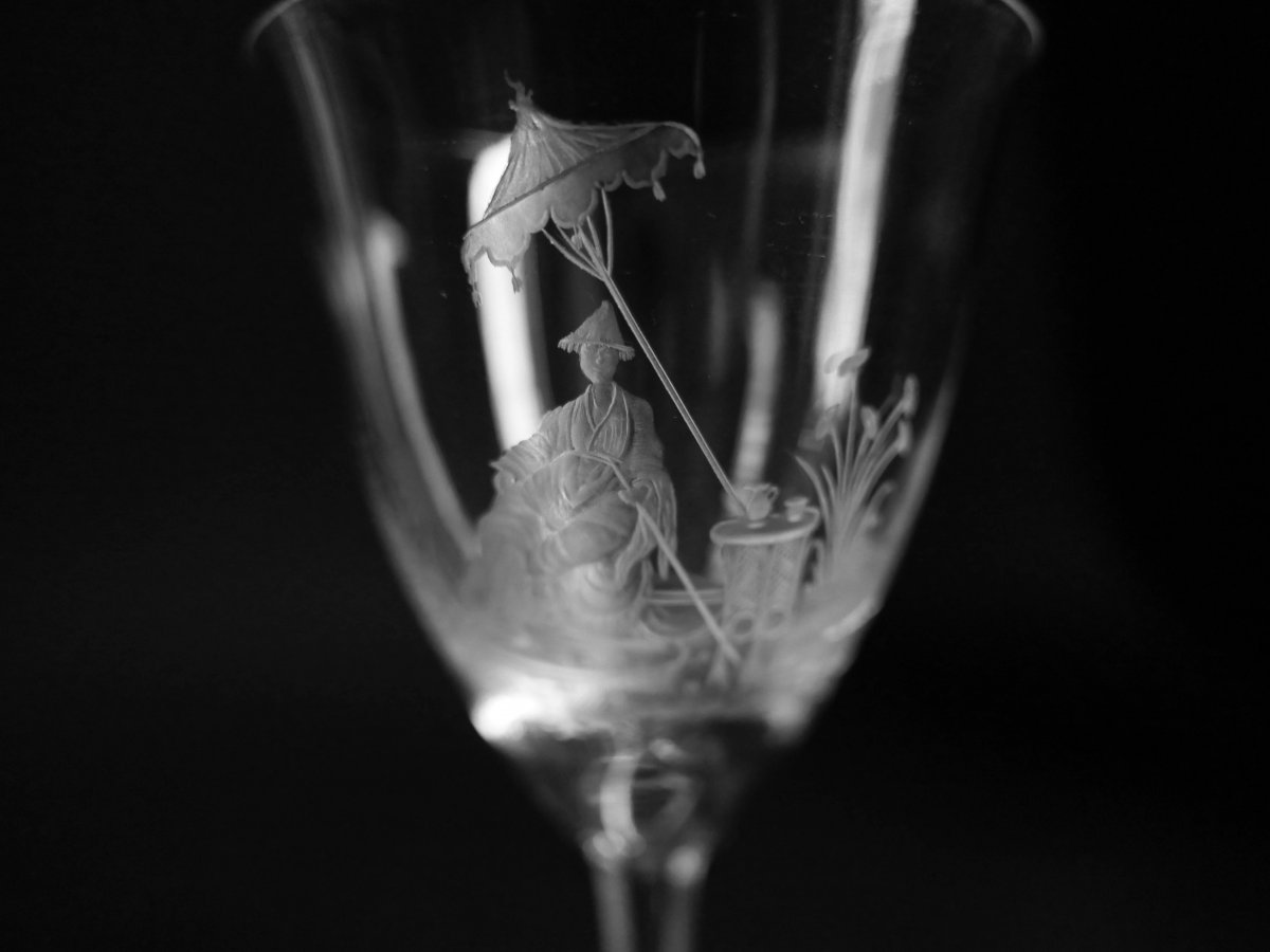Delvaux  Paris - Rare Suite Of Six Crystal Goblet Engraved With Chinoiserie Decor-photo-1