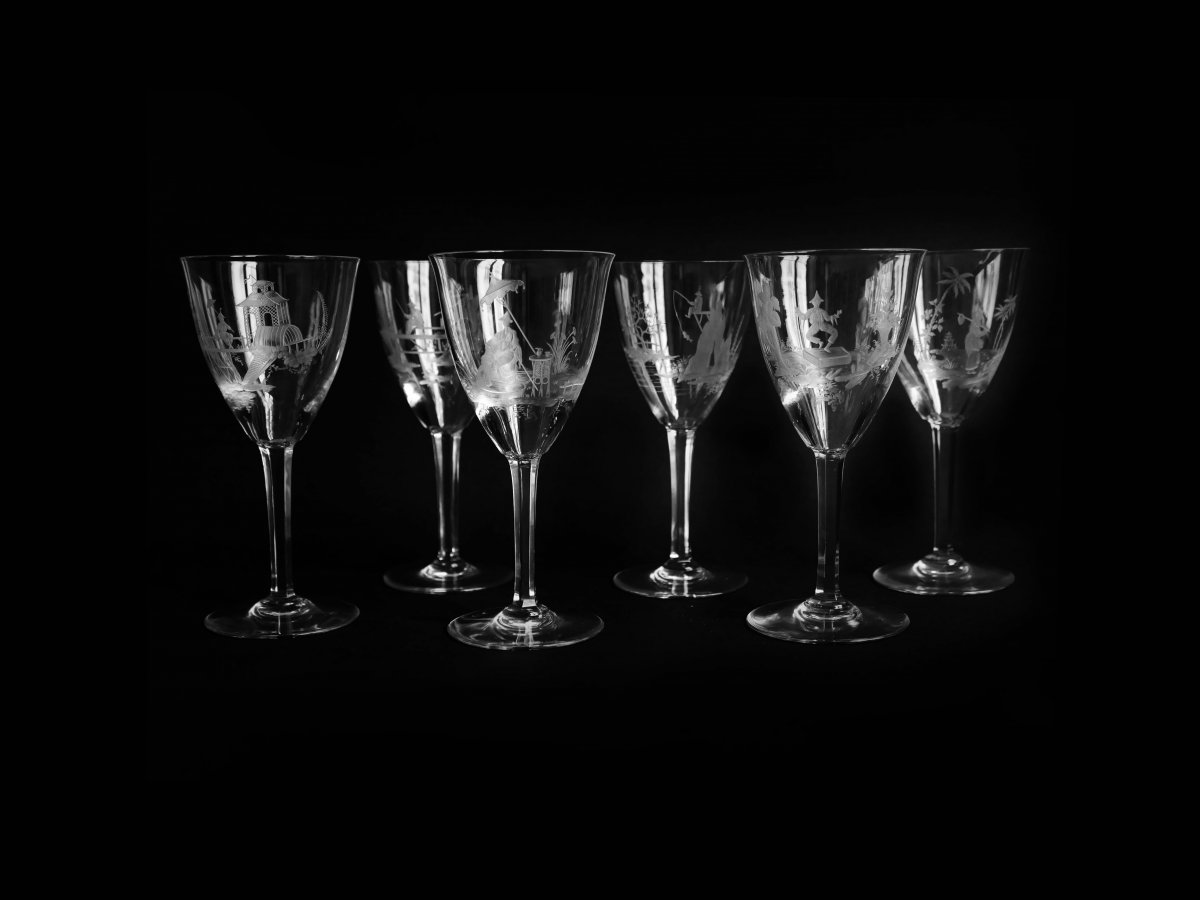 Delvaux  Paris - Rare Suite Of Six Crystal Goblet Engraved With Chinoiserie Decor