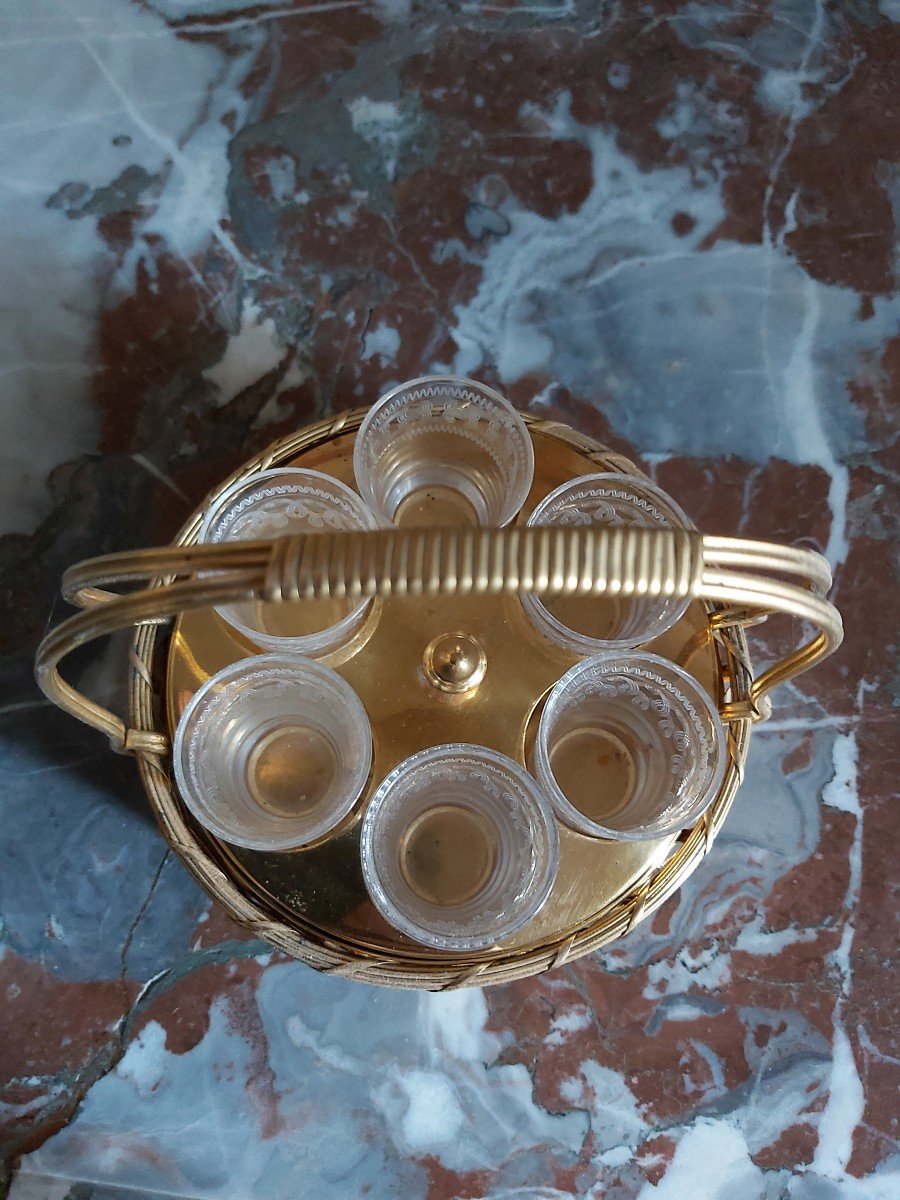 Maison Christofle, Cabaret A Liqueur En Métal Doré Et Verres. XXeme Siècle -photo-2
