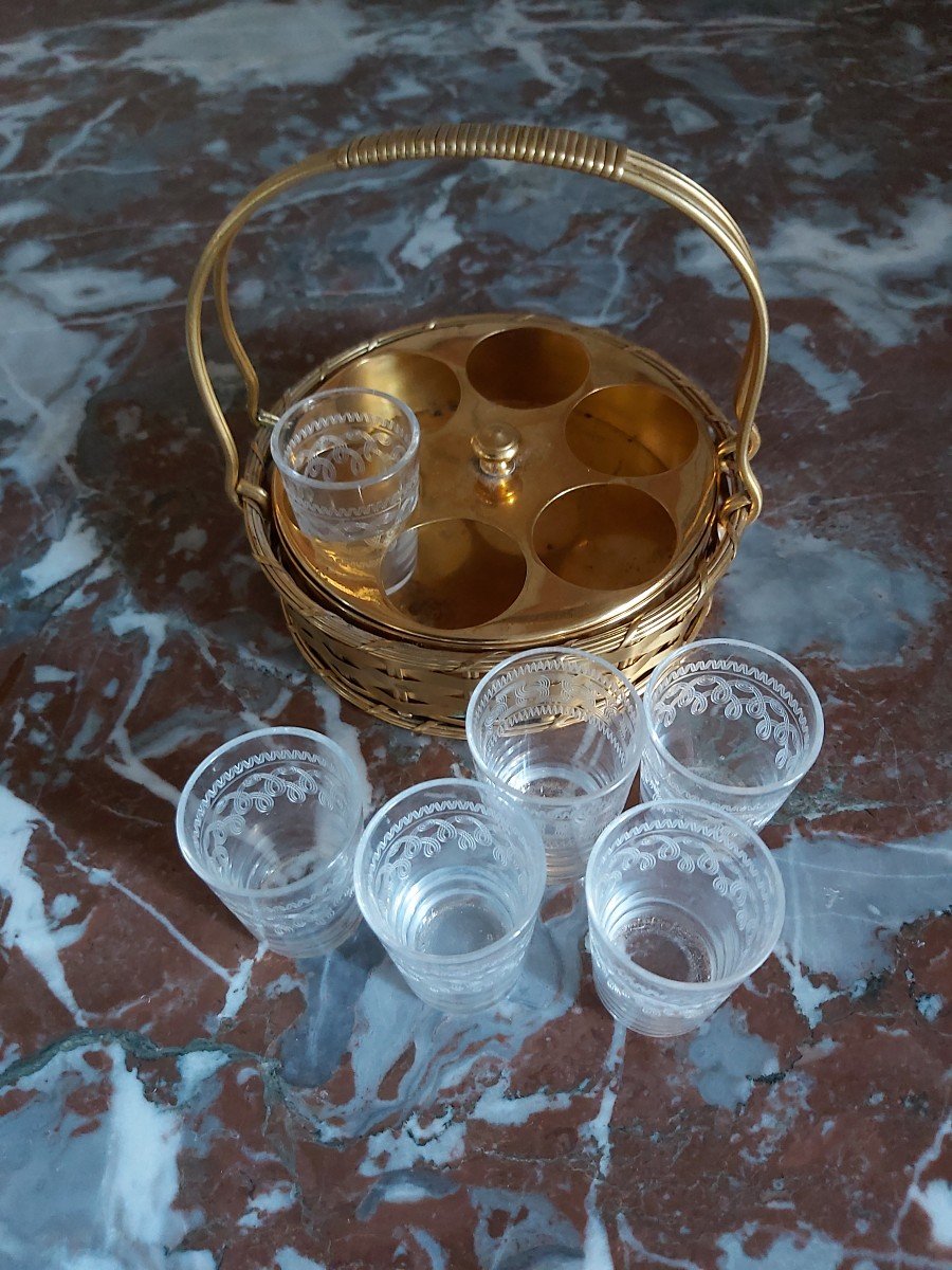 Maison Christofle, Cabaret A Liqueur En Métal Doré Et Verres. XXeme Siècle -photo-1