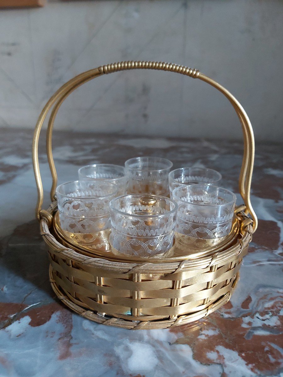 Maison Christofle, Cabaret A Liqueur En Métal Doré Et Verres. XXeme Siècle 