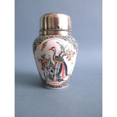 Style De Chantilly - Pot Couvert Porcelaine à Décor d'Oiseaux Branchés Monture Argent XIXeme 