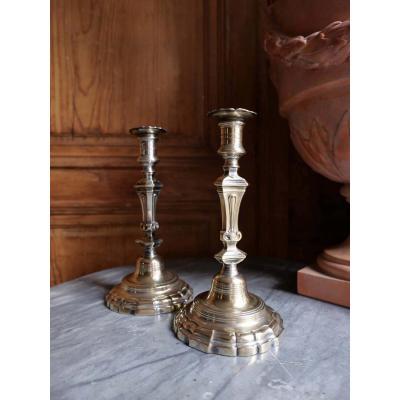 Pair Of Brass Candlesticks Formerly Silver-plated Regency Period