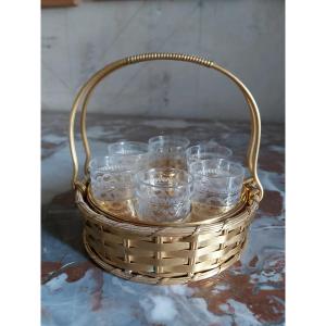 Maison Christofle, Cabaret A Liqueur In Golden Metal And Glasses. Twentieth Century