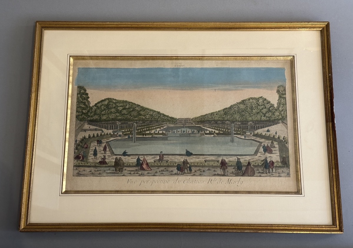 Vue d’optique figurant  le château de Marly à Marly-le-Roi. XVIII