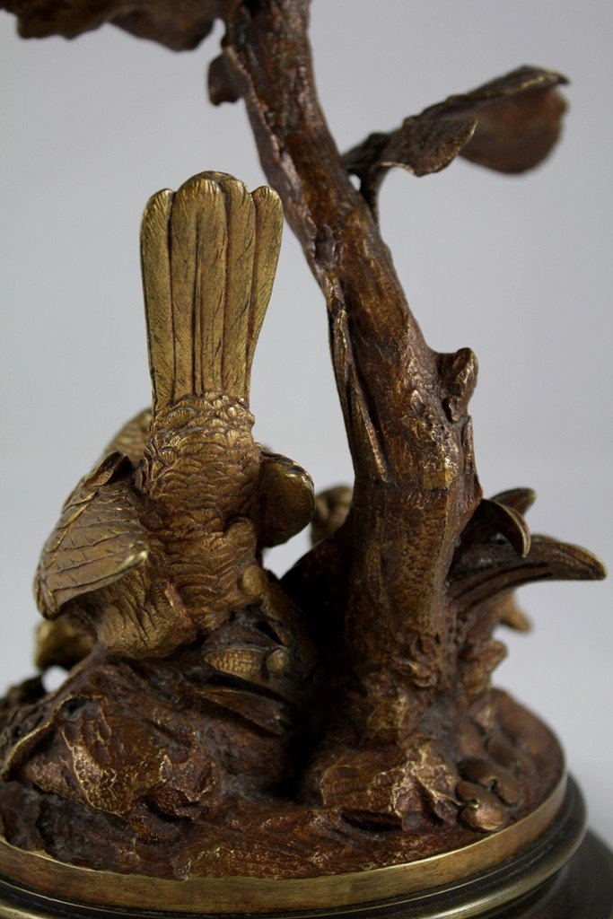 Sculpture Bougeoir En Bronze 'perdrix Nourrissant Ses Perdreaux' Fin 19ème Siècle-photo-2