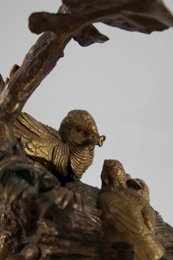 Bronze Candlestick Sculpture 'partridge Feeding Its Partridges' Late 19th Century-photo-4