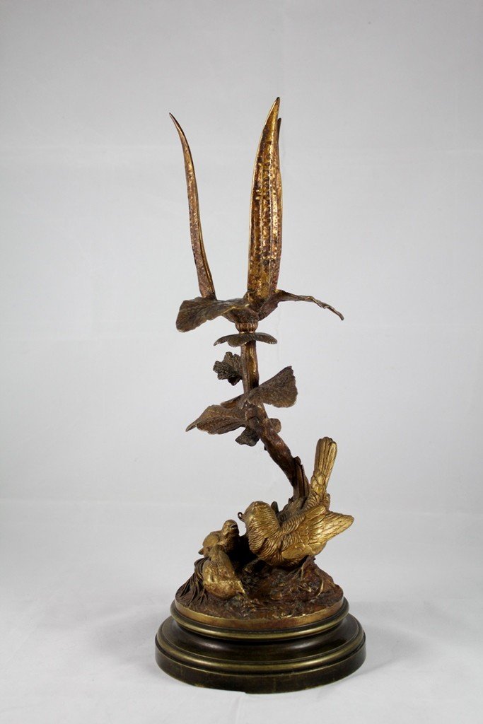 Sculpture Bougeoir En Bronze 'perdrix Nourrissant Ses Perdreaux' Fin 19ème Siècle-photo-6