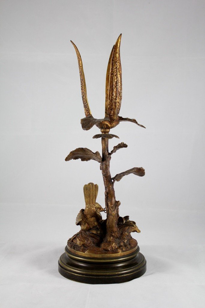 Sculpture Bougeoir En Bronze 'perdrix Nourrissant Ses Perdreaux' Fin 19ème Siècle-photo-7