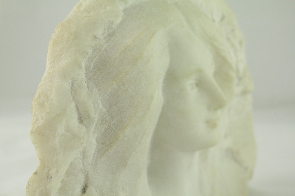 High Relief Marble Sculpture 'portrait Of A Woman' Signed A. Gotis-photo-2