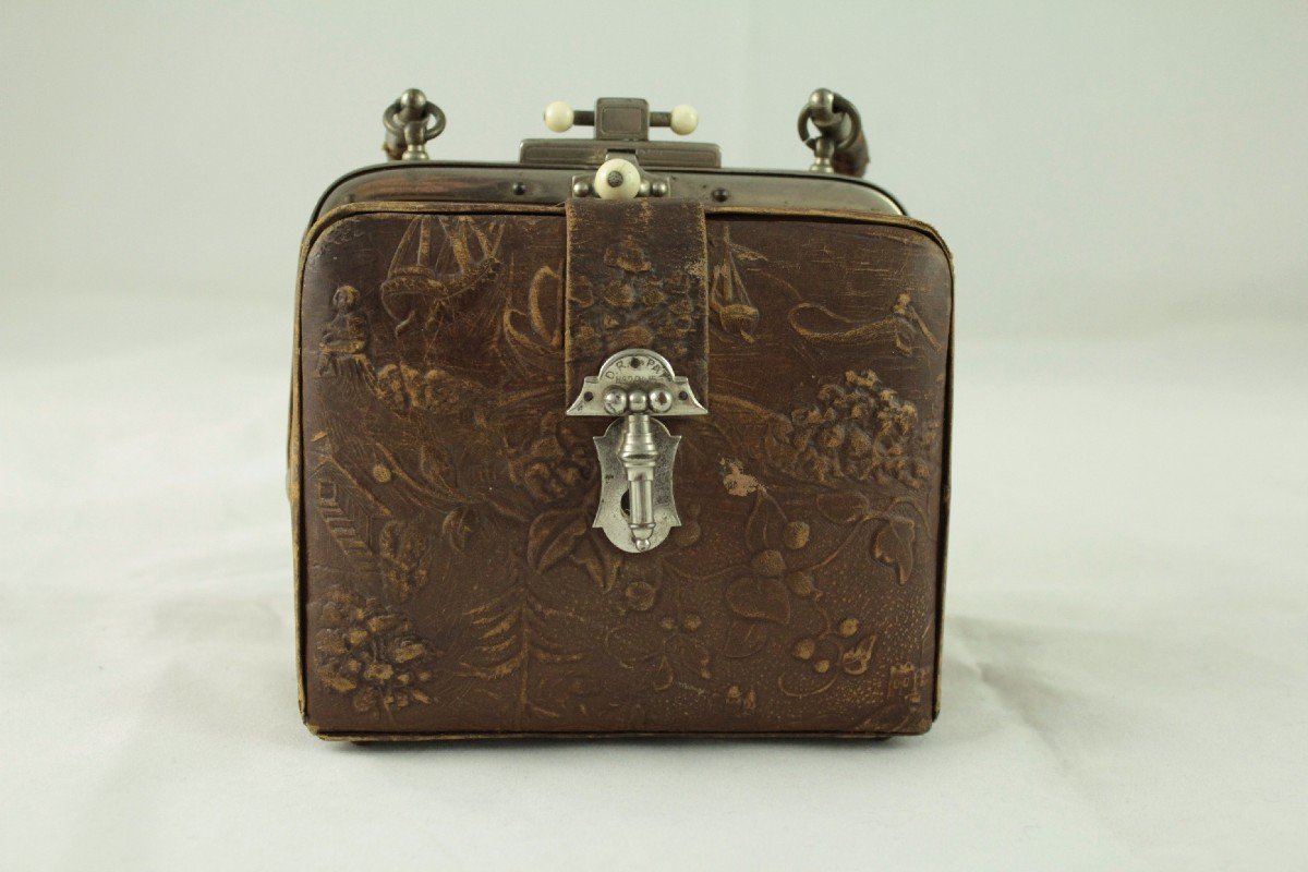 Small Victorian Embossed Leather Bag, London, Late 19th Century-photo-2