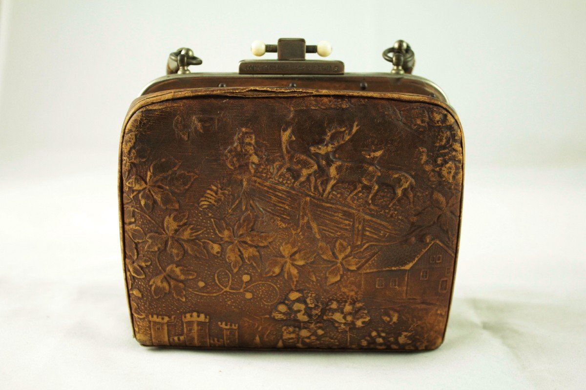 Small Victorian Embossed Leather Bag, London, Late 19th Century-photo-4