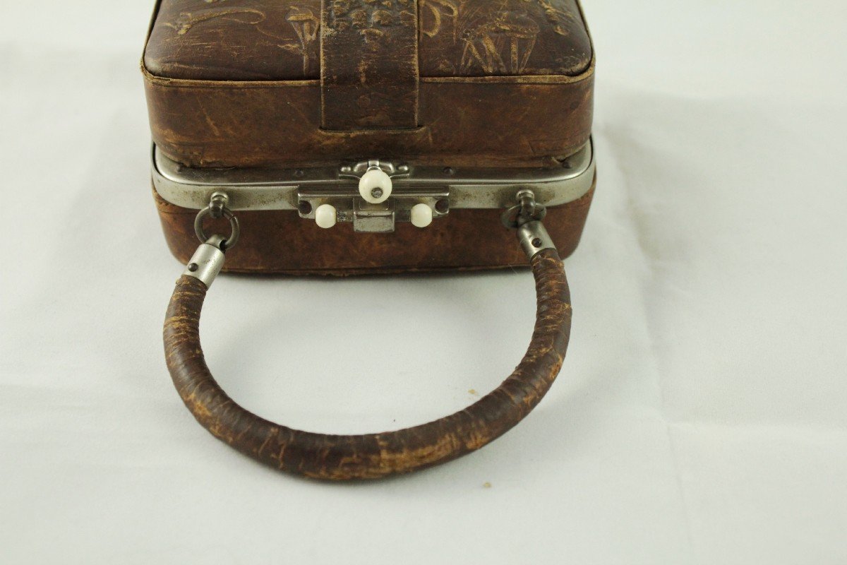 Small Victorian Embossed Leather Bag, London, Late 19th Century-photo-7