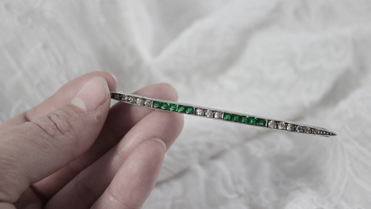 Silver Barrette Brooch With White And Green Stones Circa 1930-photo-2