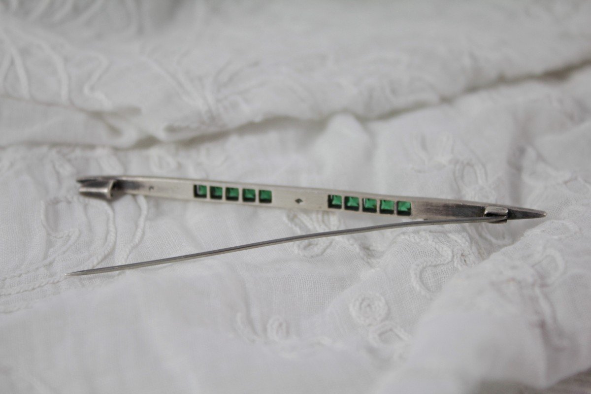 Silver Barrette Brooch With White And Green Stones Circa 1930-photo-4